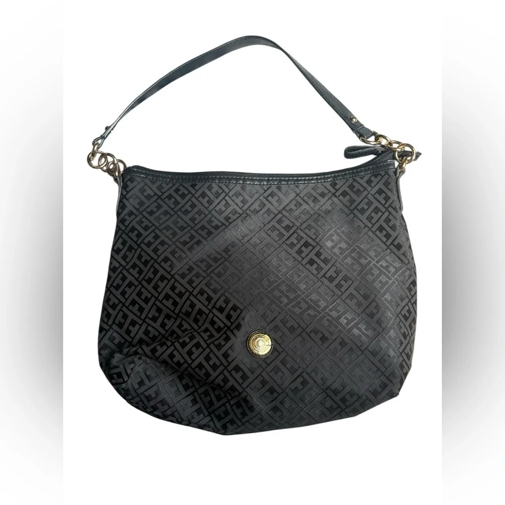 Tommy Hilfiger Black Patterned Hobo Bag Logo textured jacquard city chic neutral